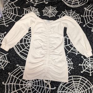 Fashion nova cream body con ruched off the shoulder dress.